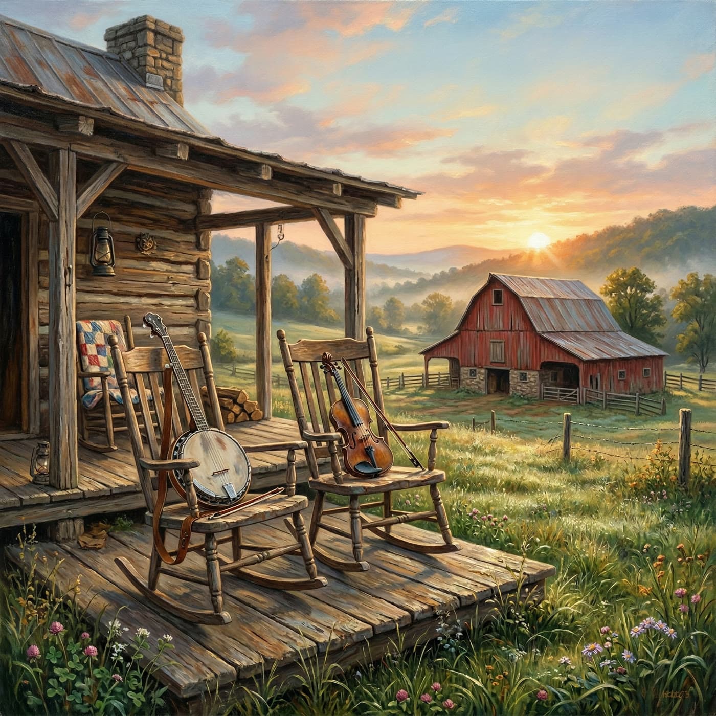 Traditional bluegrass farm sunrise cover art