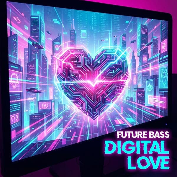 Future bass electronic music with neon lights and digital energy