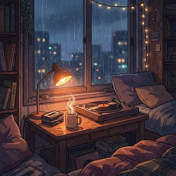 Lo-fi chill music with cozy midnight atmosphere and vinyl records