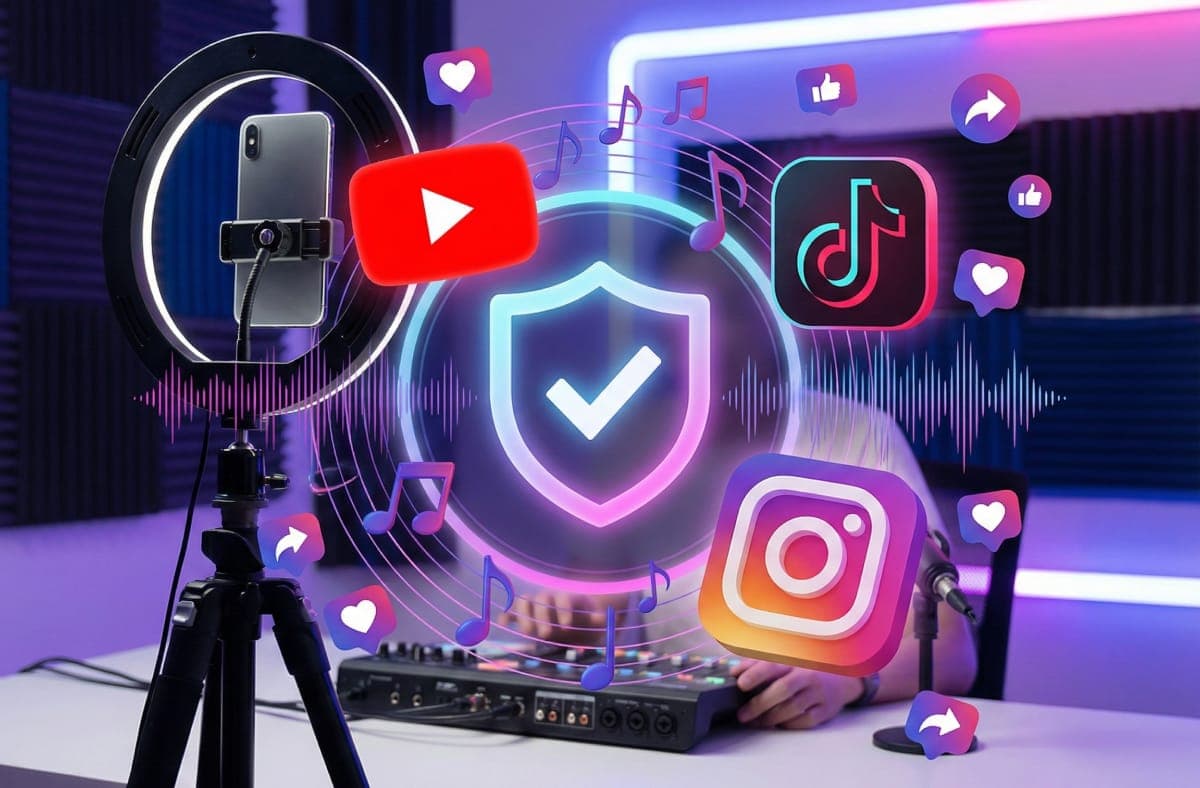 Social media content creation illustration showing copyright-safe music generation
