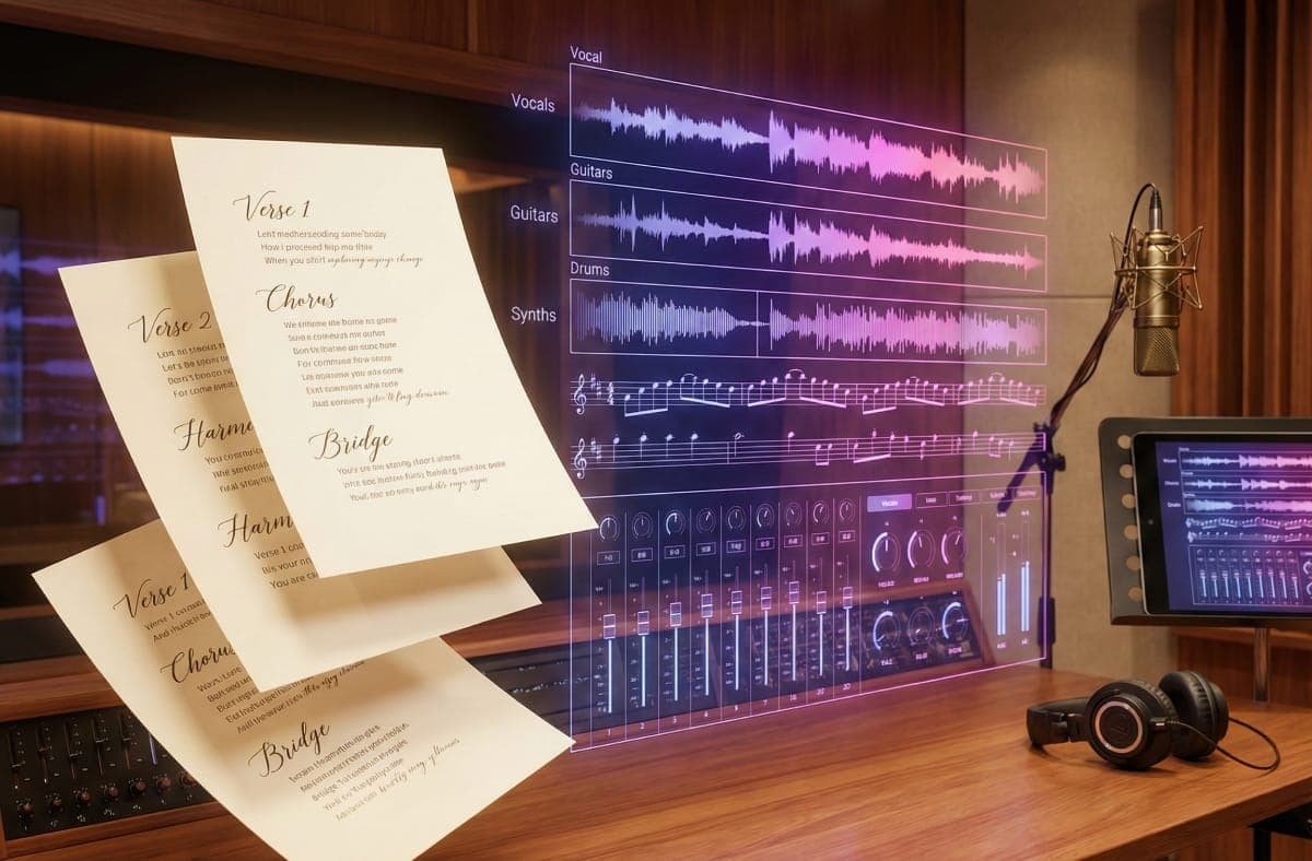 Lyrics to song transformation illustration showing AI creating music from lyrics