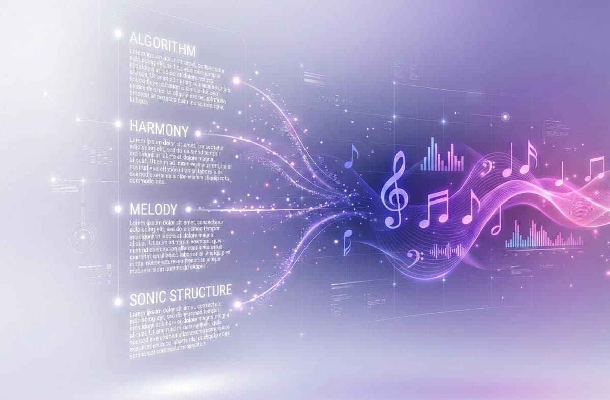 Text to music conversion illustration showing AI composing songs from text